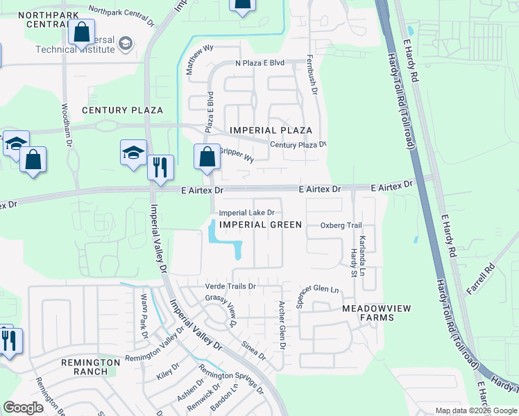 map of restaurants, bars, coffee shops, grocery stores, and more near 1123 Imperial Lake Drive in Houston