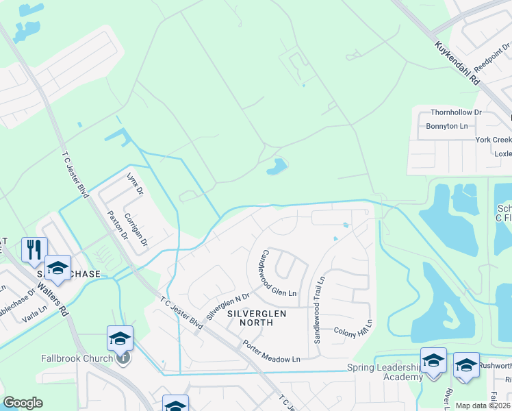 map of restaurants, bars, coffee shops, grocery stores, and more near 2914 Silverchase Meadows Drive in Houston