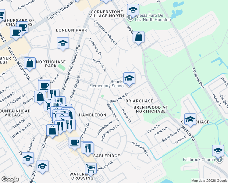 map of restaurants, bars, coffee shops, grocery stores, and more near 13927 Elm Trail Lane in Houston