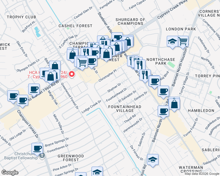 map of restaurants, bars, coffee shops, grocery stores, and more near 4719 Shatner Drive in Houston