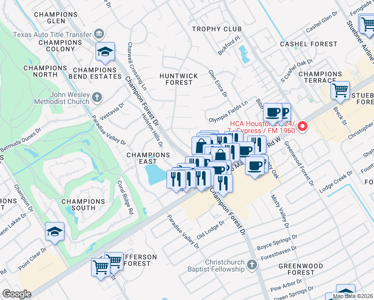 map of restaurants, bars, coffee shops, grocery stores, and more near 13315 Balmore Circle in Houston