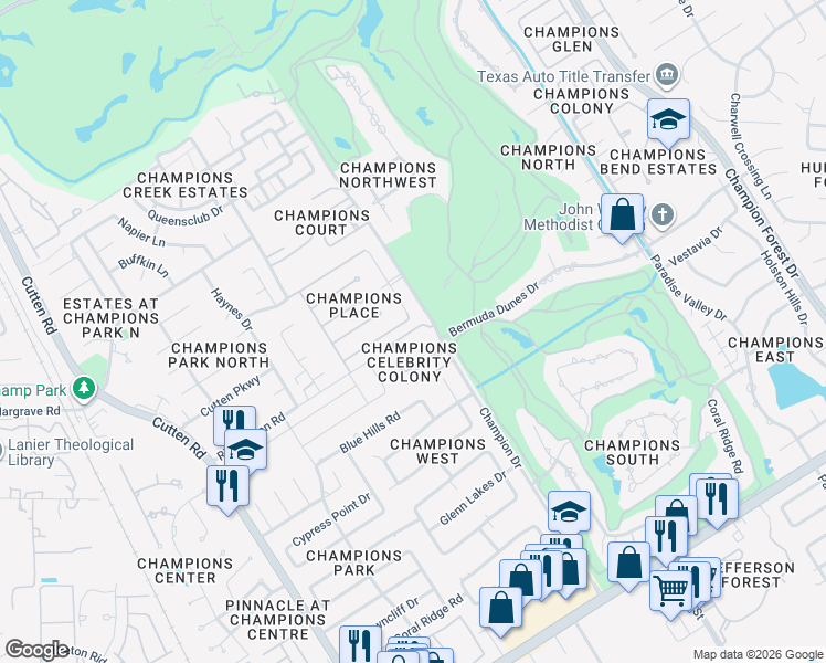 map of restaurants, bars, coffee shops, grocery stores, and more near 2 Champions Colony West in Houston
