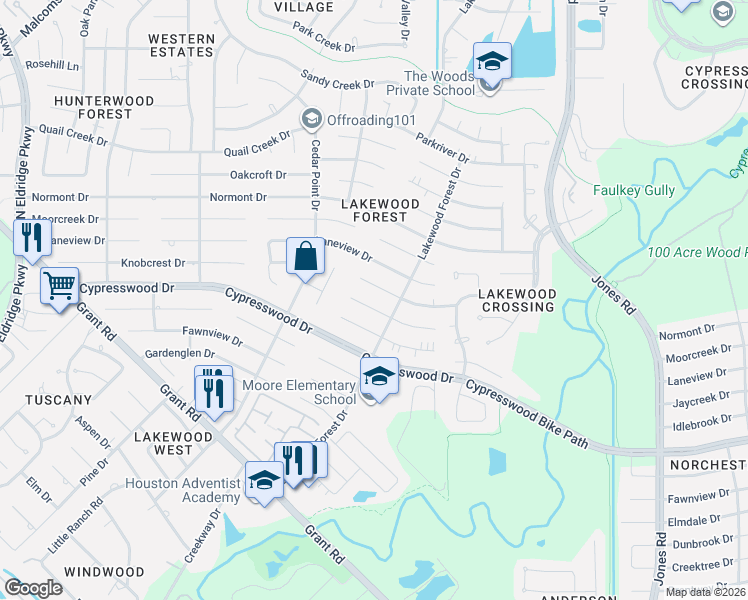 map of restaurants, bars, coffee shops, grocery stores, and more near 11718 Jaycreek Drive in Houston