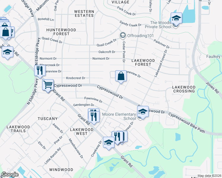 map of restaurants, bars, coffee shops, grocery stores, and more near 11919 Cypresswood Drive in Houston