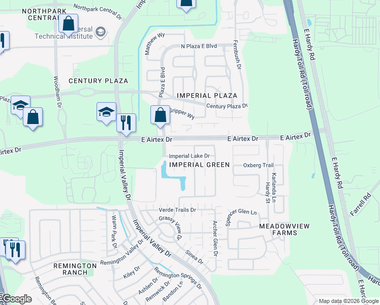 map of restaurants, bars, coffee shops, grocery stores, and more near 1123 Imperial Lake Drive in Houston