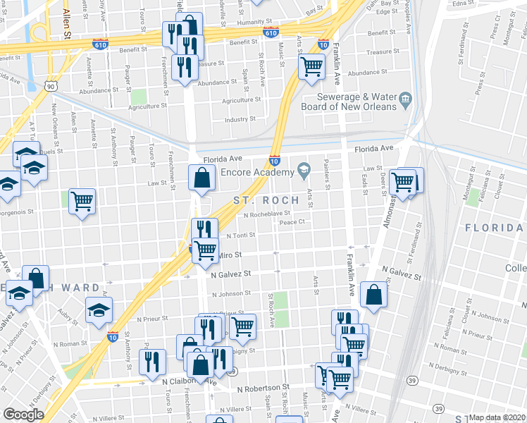 map of restaurants, bars, coffee shops, grocery stores, and more near 2517 North Rocheblave Street in New Orleans