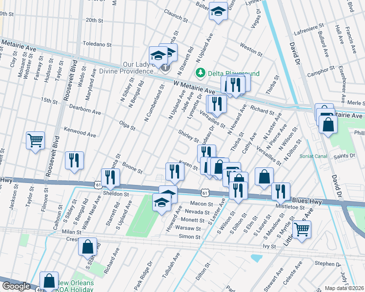 map of restaurants, bars, coffee shops, grocery stores, and more near 29 Albert Court in Metairie