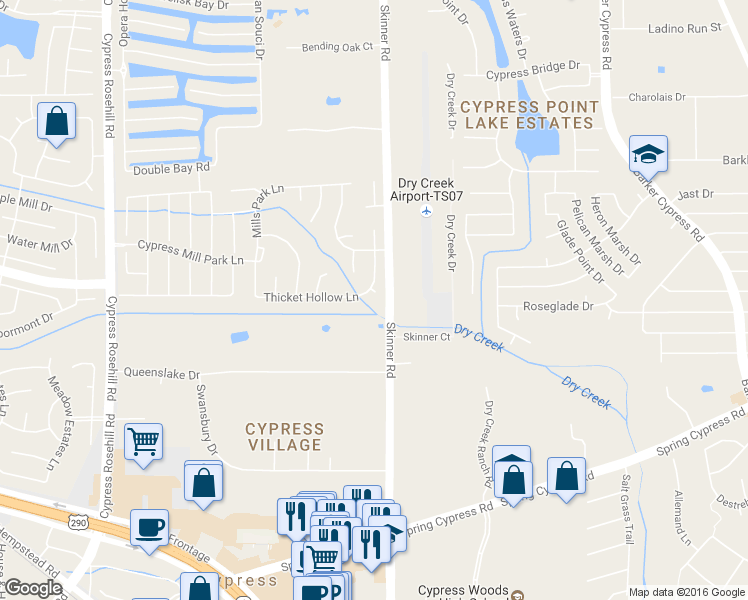 map of restaurants, bars, coffee shops, grocery stores, and more near 17207 Timber Cliff Ct in Cypress