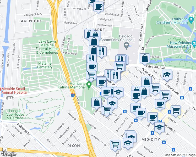 map of restaurants, bars, coffee shops, grocery stores, and more near 5021 Iberville Street in New Orleans