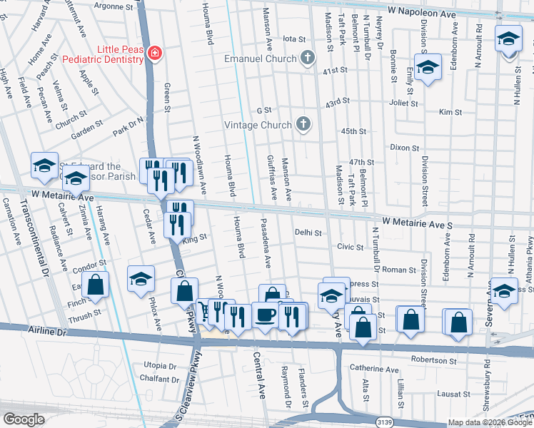 map of restaurants, bars, coffee shops, grocery stores, and more near 815 Pasadena Avenue in Metairie