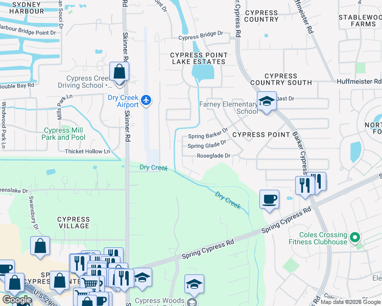 map of restaurants, bars, coffee shops, grocery stores, and more near 16734 Roseglade Drive in Cypress
