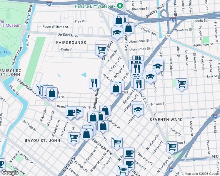 map of restaurants, bars, coffee shops, grocery stores, and more near 2713 D'Abadie Street in New Orleans