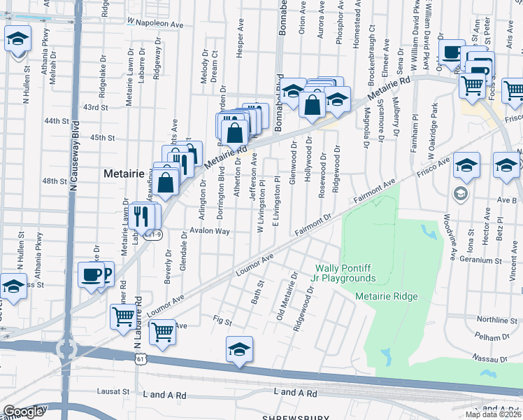 map of restaurants, bars, coffee shops, grocery stores, and more near 301 West Livingston Place in Metairie