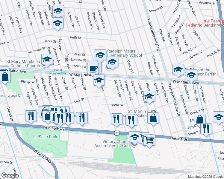 map of restaurants, bars, coffee shops, grocery stores, and more near 5724 Dimaggio Place in Metairie