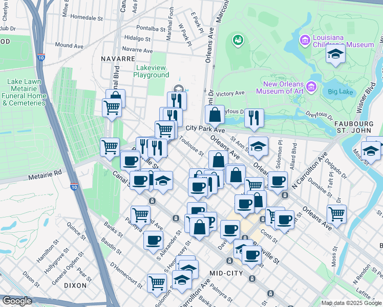 map of restaurants, bars, coffee shops, grocery stores, and more near 514 North Saint Patrick Street in New Orleans
