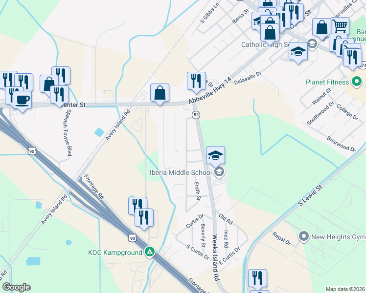 map of restaurants, bars, coffee shops, grocery stores, and more near 2300-2308 Kramer Drive in New Iberia