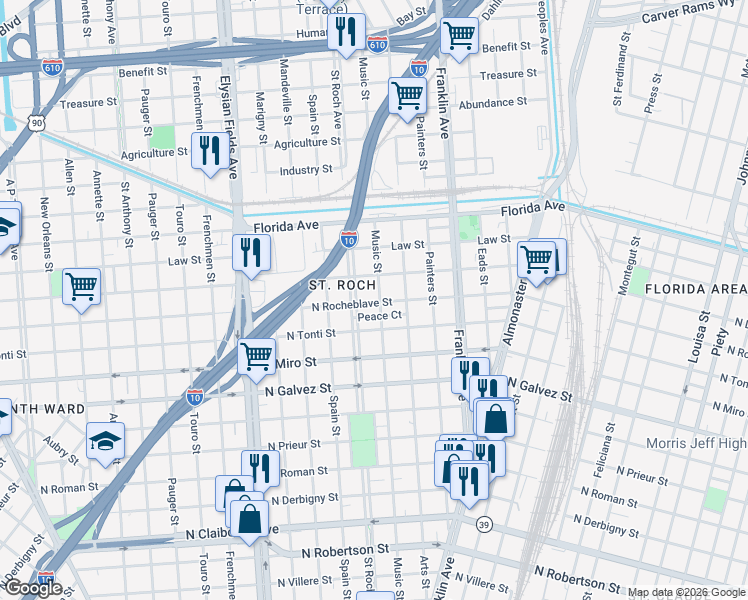 map of restaurants, bars, coffee shops, grocery stores, and more near 2558 North Rocheblave Street in New Orleans