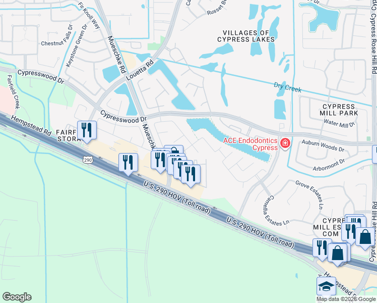 map of restaurants, bars, coffee shops, grocery stores, and more near 14106 April Glen Court in Cypress