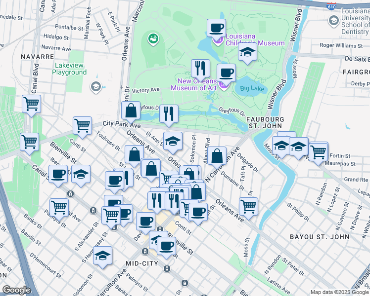 map of restaurants, bars, coffee shops, grocery stores, and more near 4229 Saint Ann Street in New Orleans