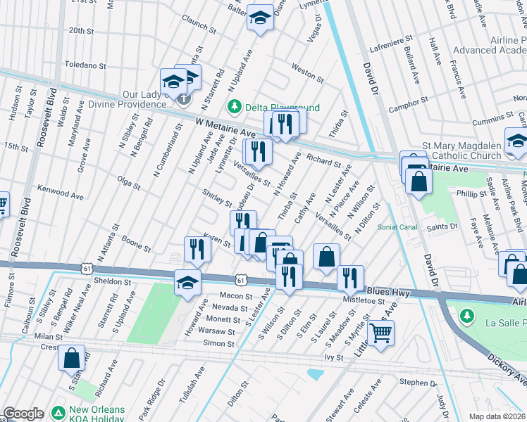 map of restaurants, bars, coffee shops, grocery stores, and more near 1101 South Starrett Road in Metairie