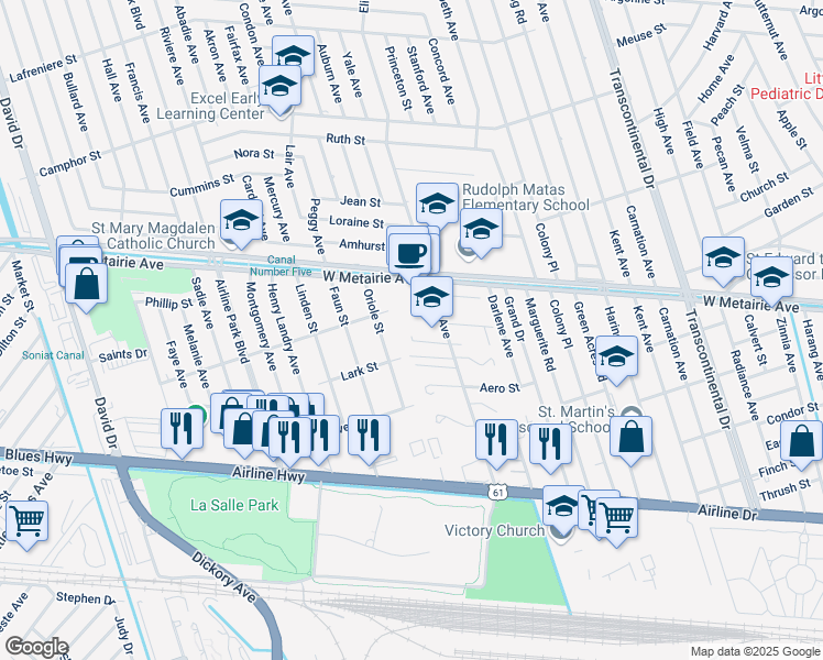 map of restaurants, bars, coffee shops, grocery stores, and more near 5933 Melroy Court in Metairie