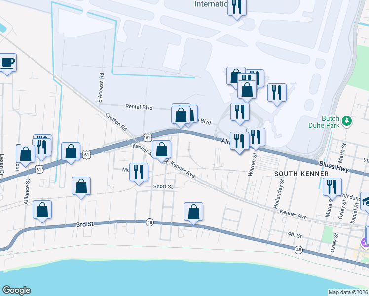 map of restaurants, bars, coffee shops, grocery stores, and more near 753 Airline Drive in Kenner