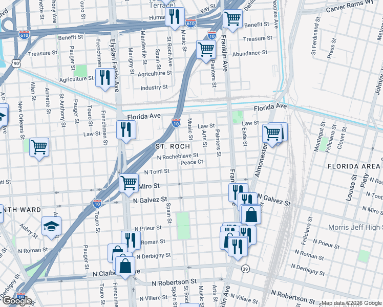 map of restaurants, bars, coffee shops, grocery stores, and more near 2558 North Rocheblave Street in New Orleans