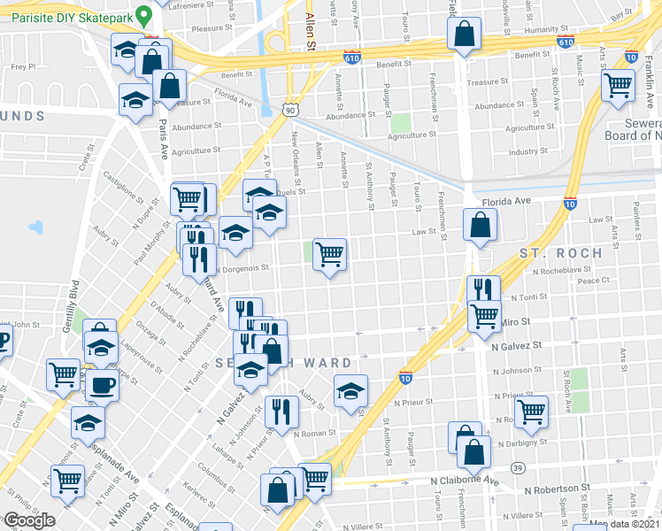 map of restaurants, bars, coffee shops, grocery stores, and more near 2012 North Dorgenois Street in New Orleans