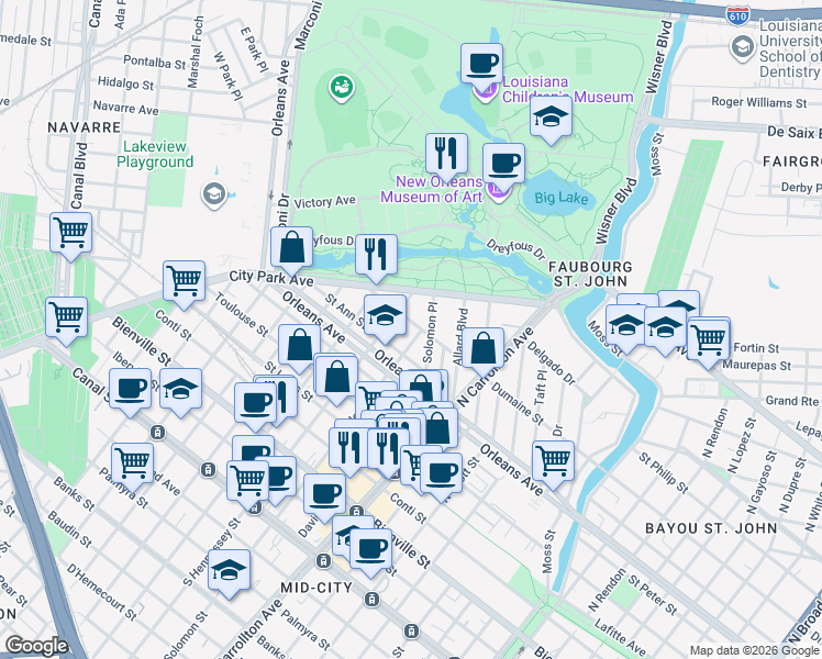 map of restaurants, bars, coffee shops, grocery stores, and more near 4229 Saint Ann Street in New Orleans