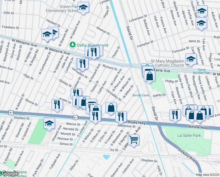 map of restaurants, bars, coffee shops, grocery stores, and more near 508 North Pierce Avenue in Metairie