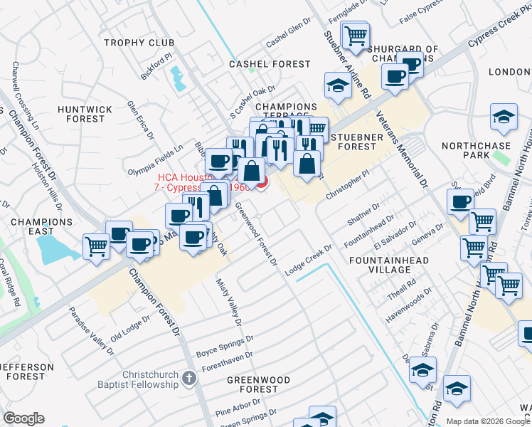 map of restaurants, bars, coffee shops, grocery stores, and more near 12820 Greenwood Forest Drive in Houston