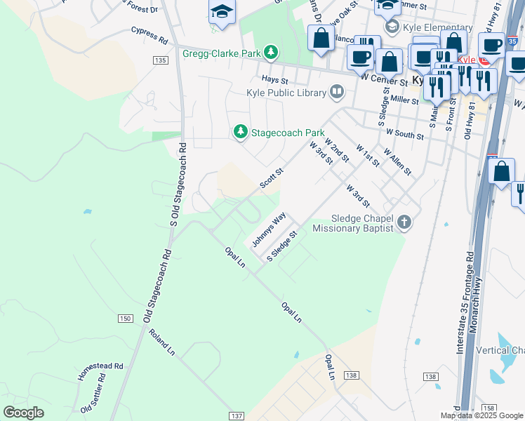 map of restaurants, bars, coffee shops, grocery stores, and more near 107 Hitching Post Road in Kyle