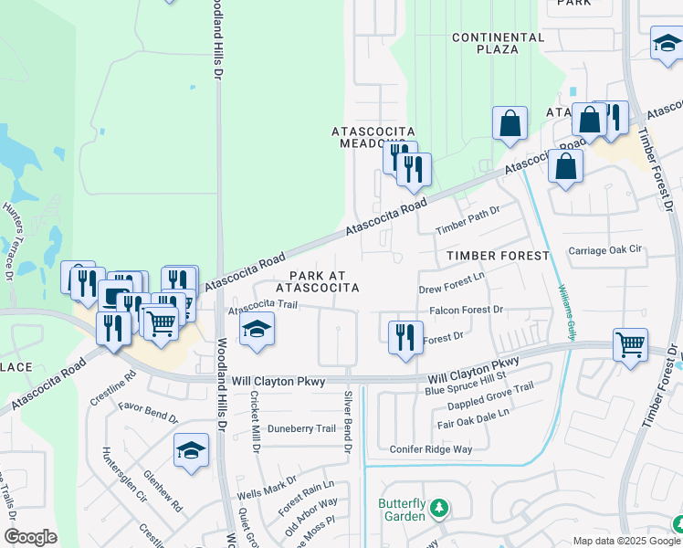 map of restaurants, bars, coffee shops, grocery stores, and more near 18206 Stillwater Place Drive in Humble