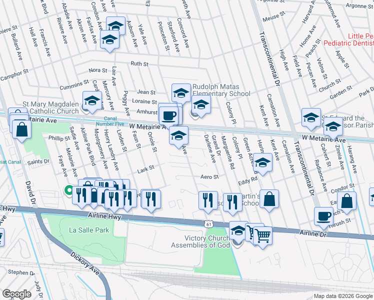map of restaurants, bars, coffee shops, grocery stores, and more near 717 Elise Avenue in Metairie