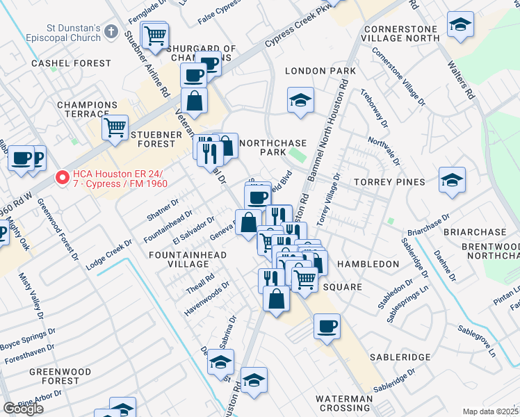 map of restaurants, bars, coffee shops, grocery stores, and more near 13480 Veterans Memorial Dr in Houston