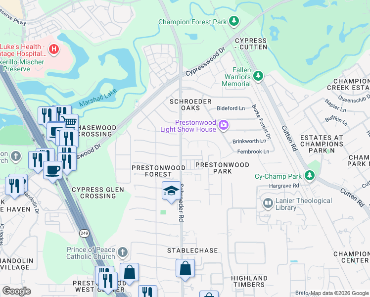 map of restaurants, bars, coffee shops, grocery stores, and more near 8046 High Hollow Lane in Houston