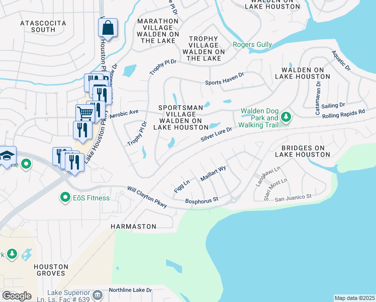 map of restaurants, bars, coffee shops, grocery stores, and more near 8002 Silver Lure Drive in Humble