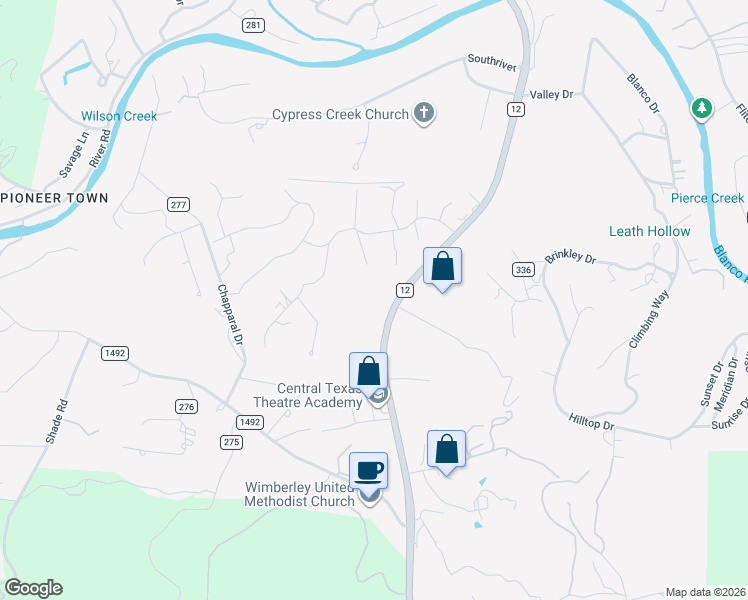 map of restaurants, bars, coffee shops, grocery stores, and more near 12333 Ranch Road 12 in Wimberley