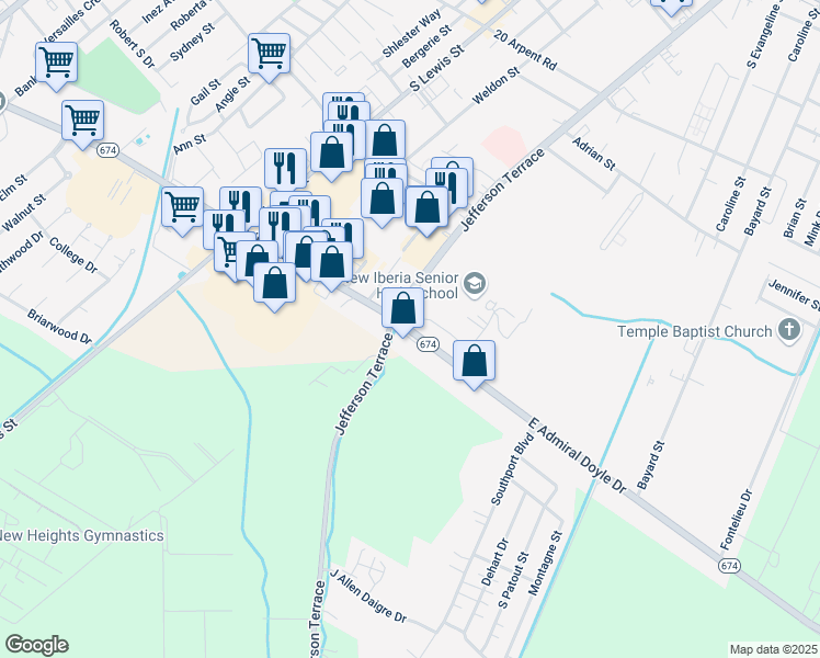 map of restaurants, bars, coffee shops, grocery stores, and more near 1301 East Admiral Doyle Drive in New Iberia