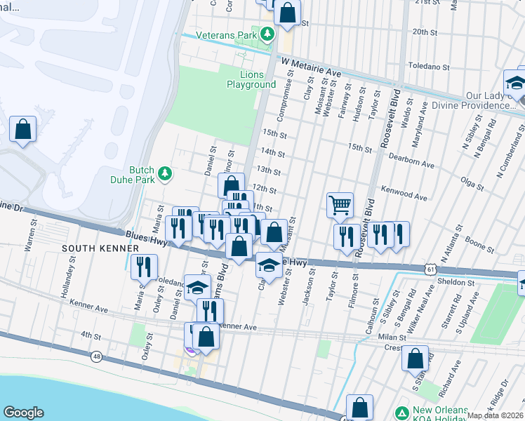 map of restaurants, bars, coffee shops, grocery stores, and more near 1015 Compromise Street in Kenner