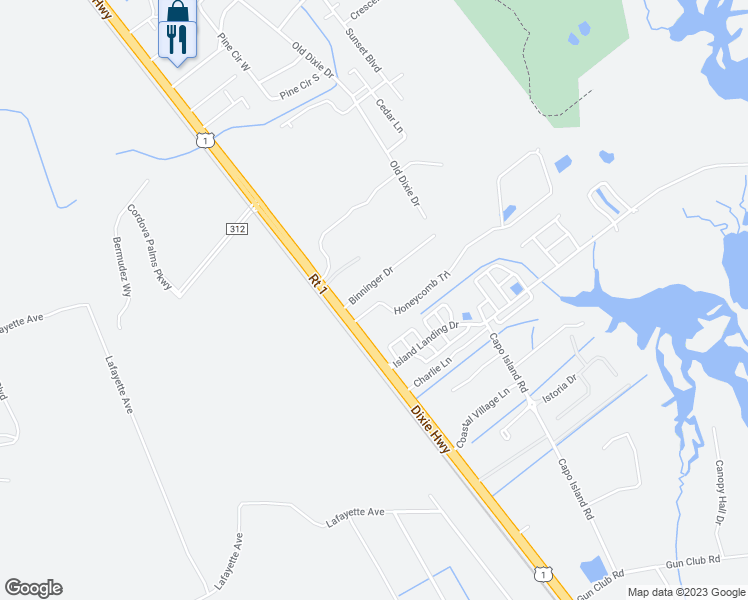map of restaurants, bars, coffee shops, grocery stores, and more near 84 Binninger Drive in St. Augustine