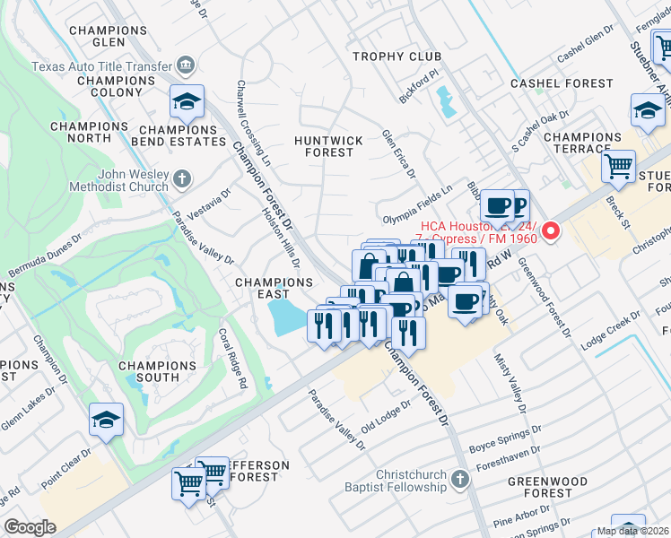 map of restaurants, bars, coffee shops, grocery stores, and more near 13315 Balmore Circle in Houston