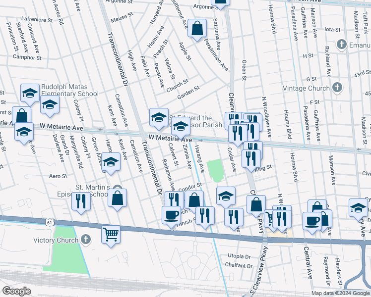 map of restaurants, bars, coffee shops, grocery stores, and more near 808 Zinnia Avenue in Metairie