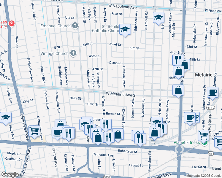 map of restaurants, bars, coffee shops, grocery stores, and more near 3708 Elgin Street in Metairie
