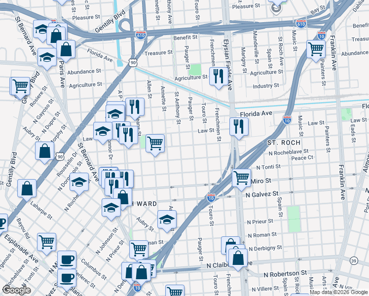map of restaurants, bars, coffee shops, grocery stores, and more near 2424 Saint Anthony Street in New Orleans