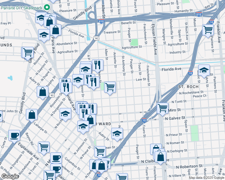 map of restaurants, bars, coffee shops, grocery stores, and more near 2012 North Dorgenois Street in New Orleans