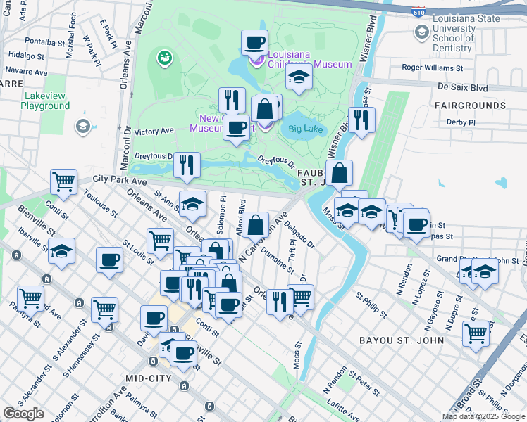 map of restaurants, bars, coffee shops, grocery stores, and more near 977 North Carrollton Avenue in New Orleans