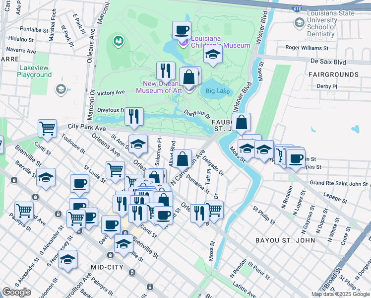 map of restaurants, bars, coffee shops, grocery stores, and more near 32 Allard Boulevard in New Orleans