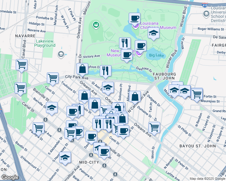 map of restaurants, bars, coffee shops, grocery stores, and more near 4229 Saint Ann Street in New Orleans