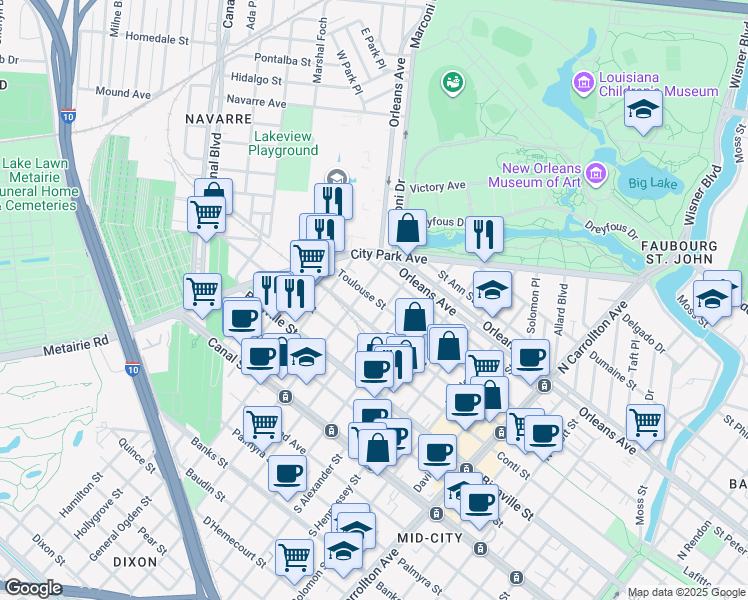 map of restaurants, bars, coffee shops, grocery stores, and more near 514 North Saint Patrick Street in New Orleans